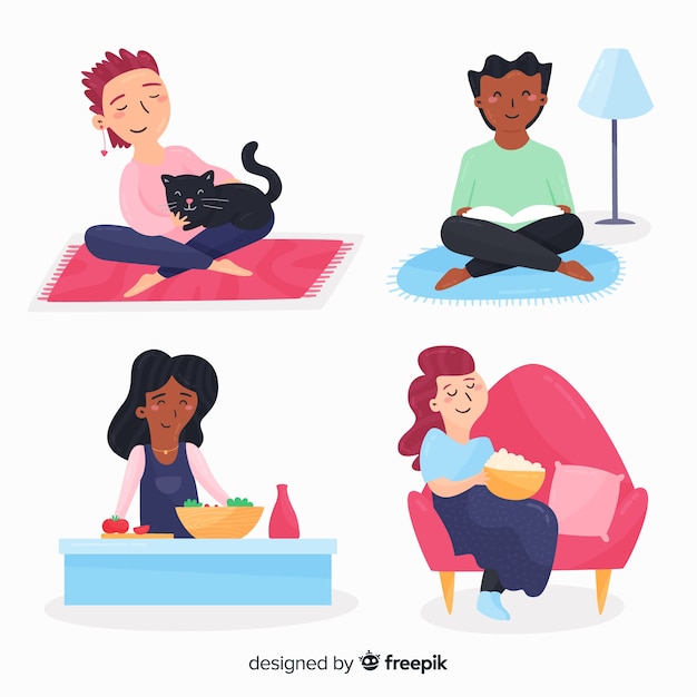 Free vector hand drawn people relaxing at home