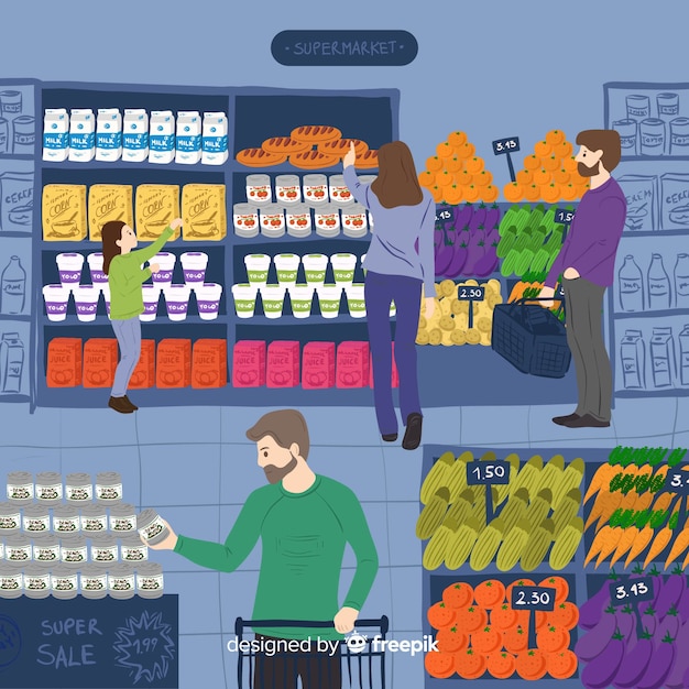 Бесплатное векторное изображение Ручной обращается люди, делающие покупки в супермаркете