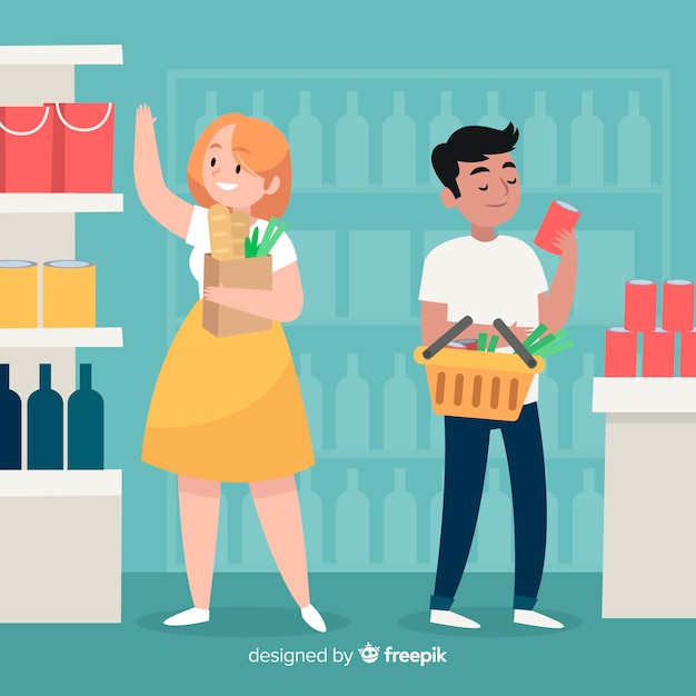 Free vector hand drawn people shopping in the supermarket background