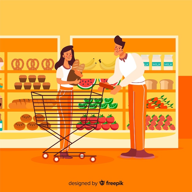 Free vector hand drawn people shopping in the supermarket background