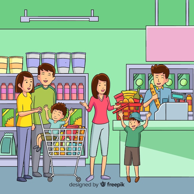 Hand drawn people shopping in the supermarket background