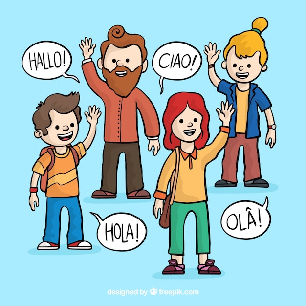 Hand drawn people speaking different languages