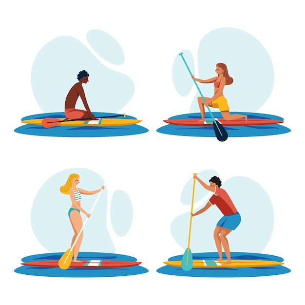 Free vector hand drawn people standing on sup boards