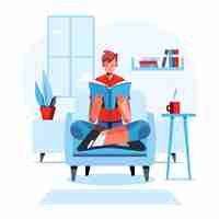 Free vector hand drawn people studying from home with book