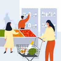 Free vector hand drawn people in the supermarket background