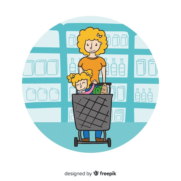 Free vector hand drawn people in the supermarket background