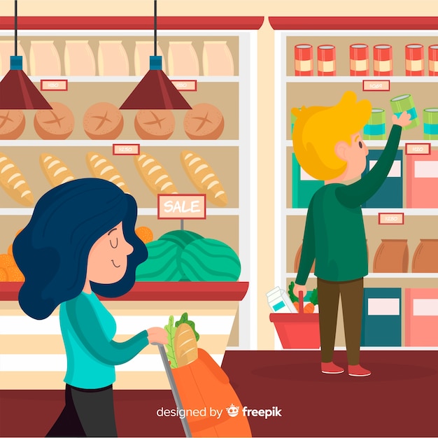 Free vector hand drawn people in the supermarket background