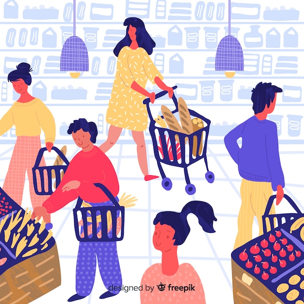 Free vector hand drawn people in the supermarket background