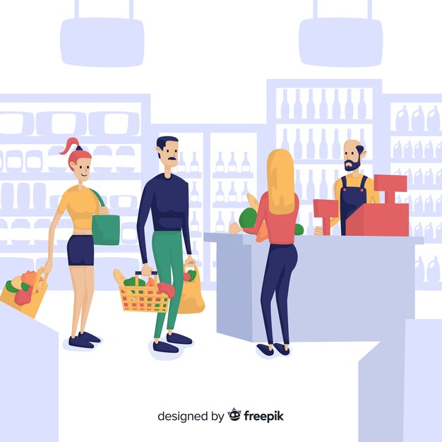 Hand drawn people in the supermarket background