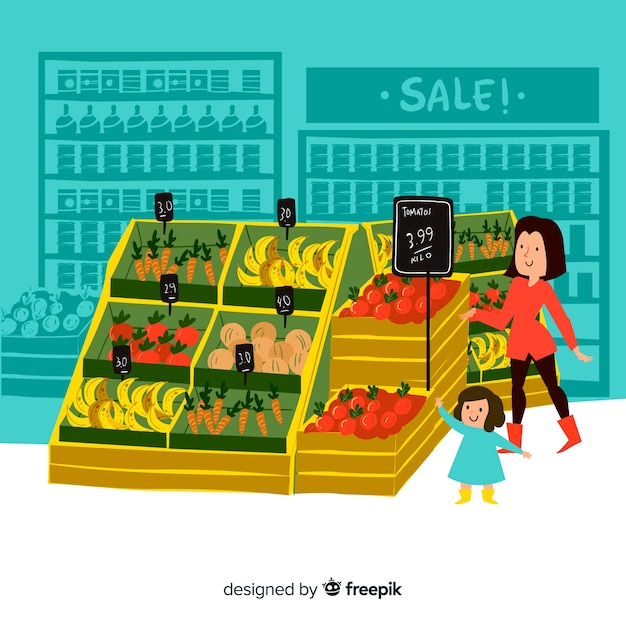 Free vector hand drawn people in the supermarket background