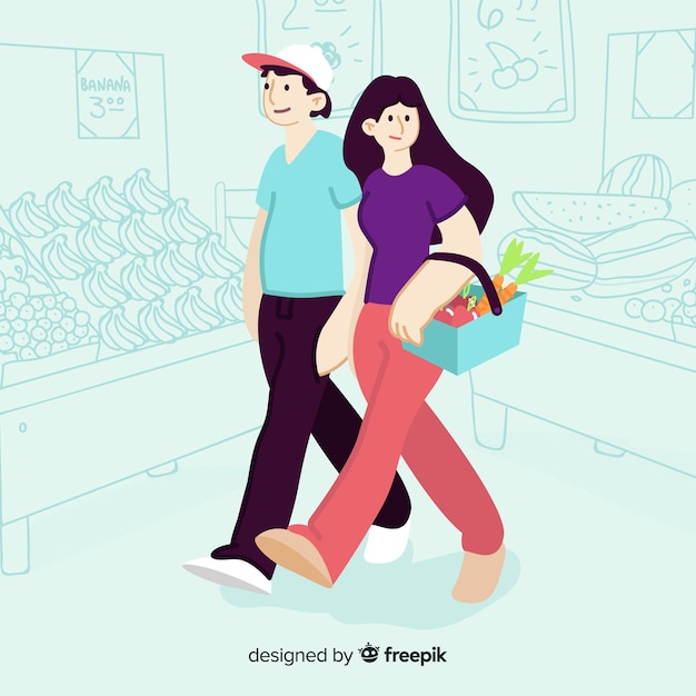 Free vector hand drawn people in the supermarket background