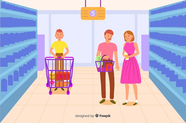 Free vector hand drawn people in the supermarket background