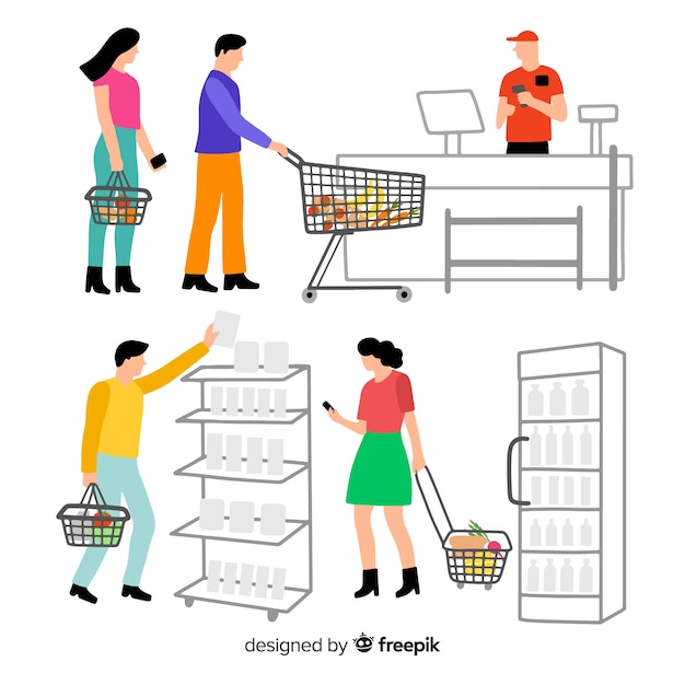 Free vector hand drawn people in the supermarket collection