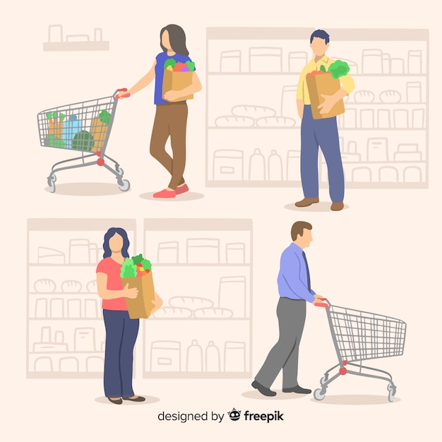 Рисованной люди в пакете супермаркета
