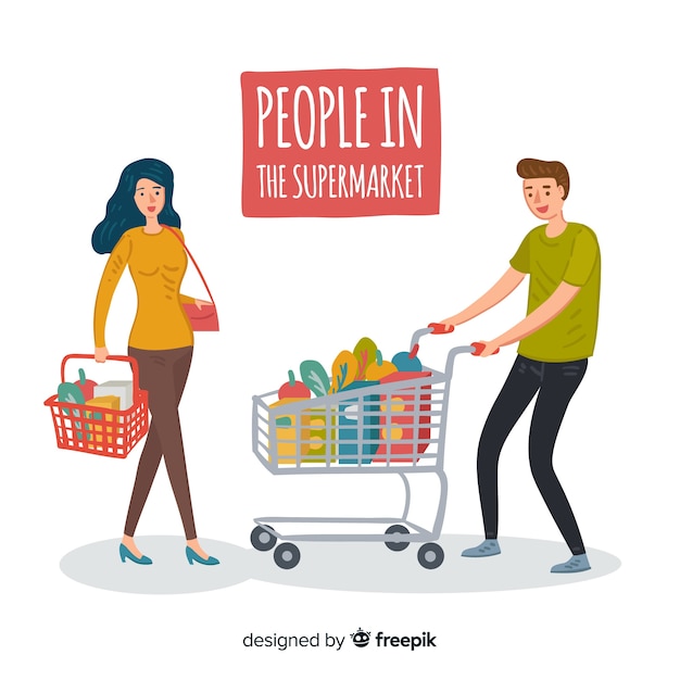 Free vector hand drawn people in the supermarket set