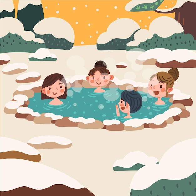 Hand drawn people taking a bath in onsen