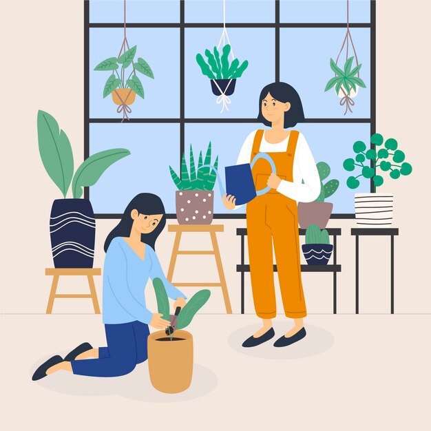 Hand drawn people taking care of plants together