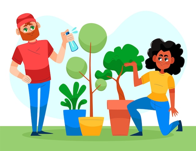 Hand drawn people taking care of plants together