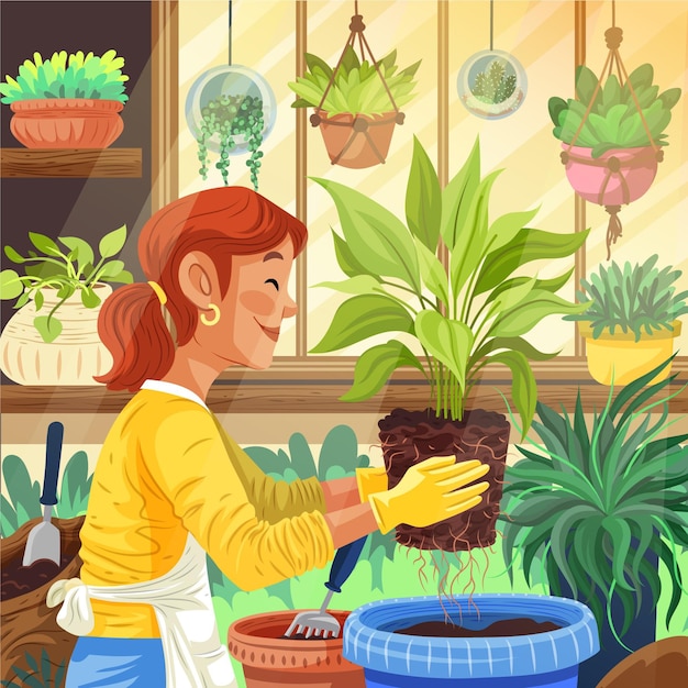 Hand drawn people taking care of plants