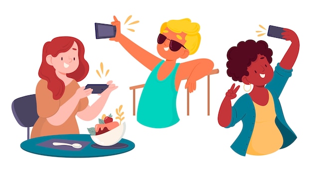 Free vector hand drawn people taking photos with smartphone