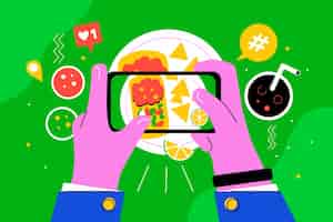 Бесплатное векторное изображение Нарисованные рукой люди фотографируют иллюстрацию еды