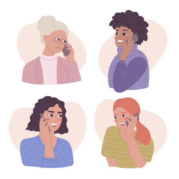 電話のイラストで話している手描きの人々