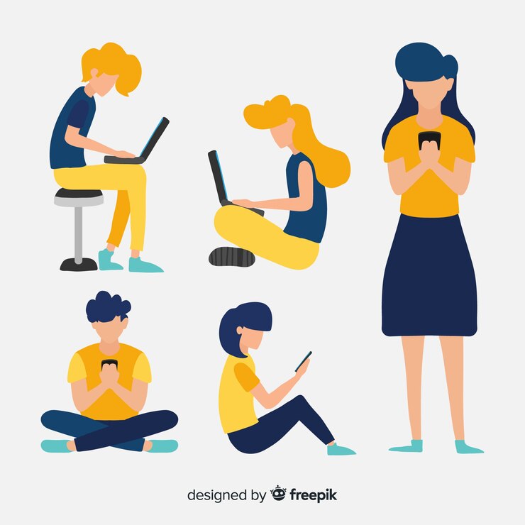 Free Vector hand drawn people using technological devices pack