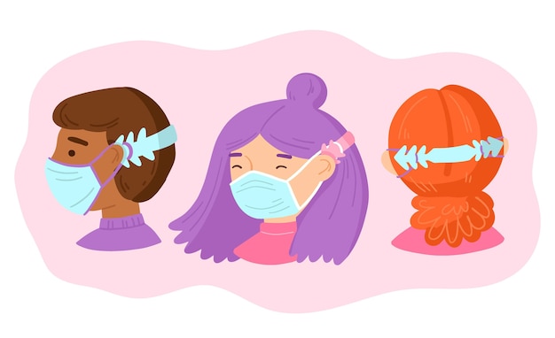 Free vector hand drawn people wearing an adjustable face mask strap