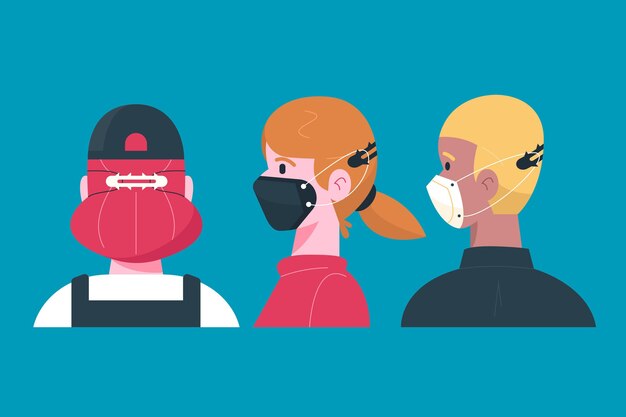 hand drawn people wearing an adjustable face mask strap