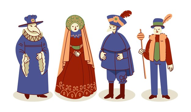 Hand drawn people wearing venetian carnival costumes