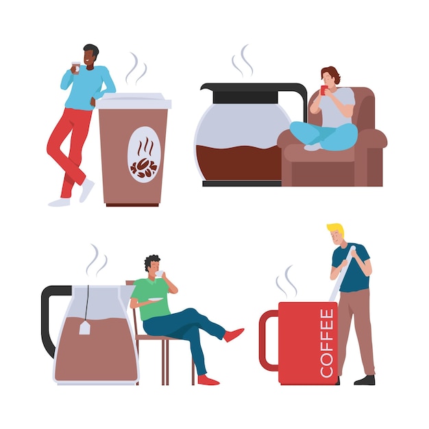 Free vector hand drawn people with hot drinks set