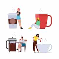 Free vector hand drawn people with hot drinks set