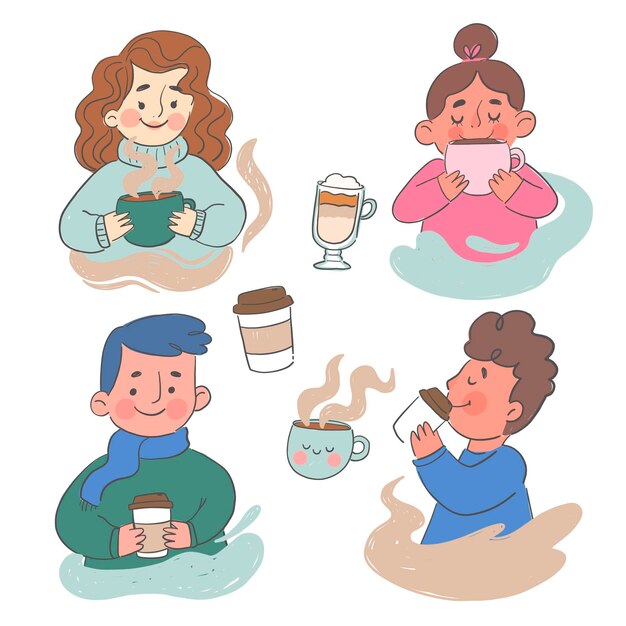 Hand drawn people with hot drinks