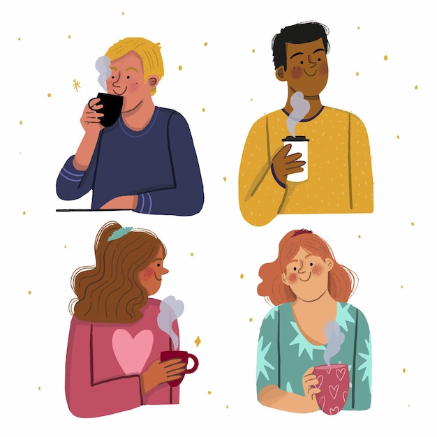 Hand drawn people with hot drinks