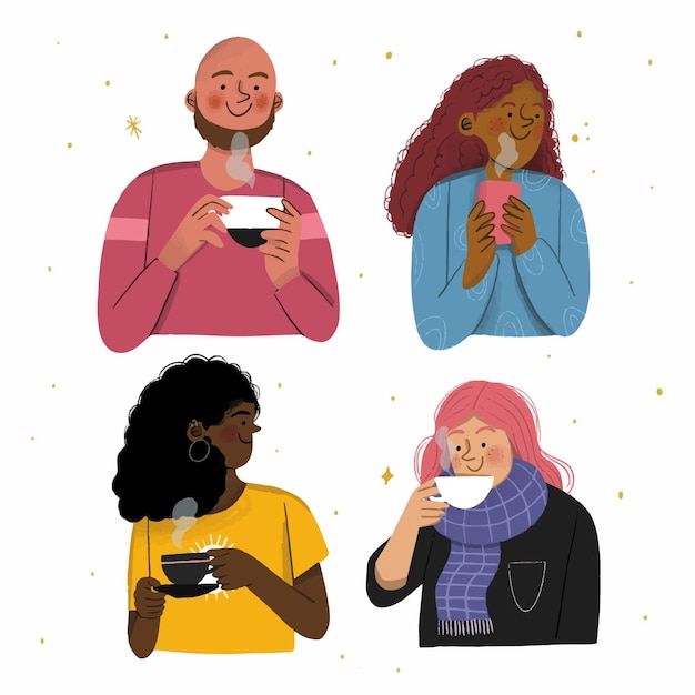 Free vector hand drawn people with hot drinks