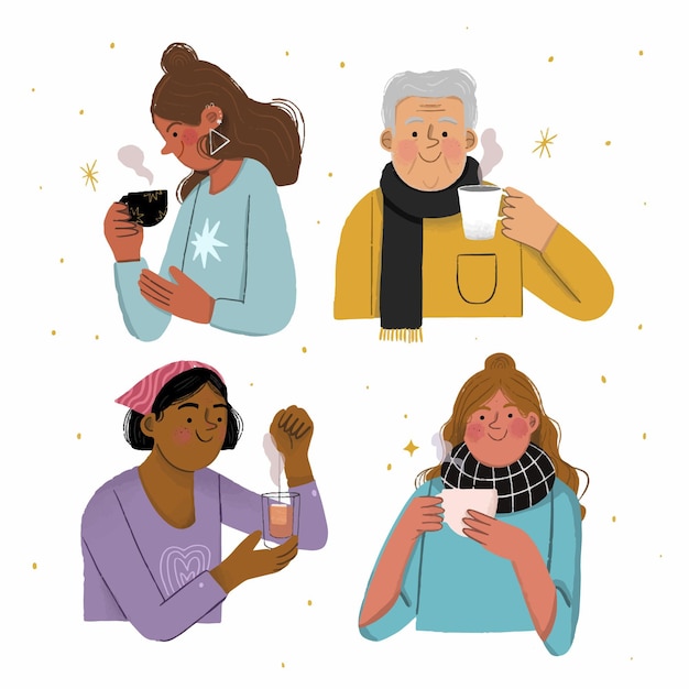 Free vector hand drawn people with hot drinks