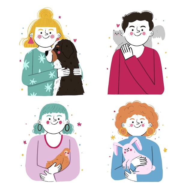 Hand drawn people with pets collection