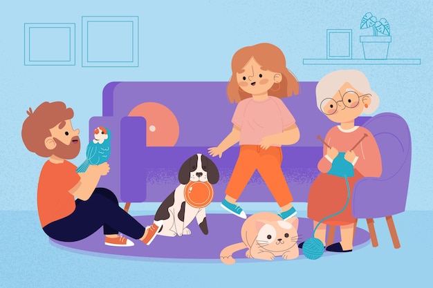 Free vector hand drawn people with pets on couch