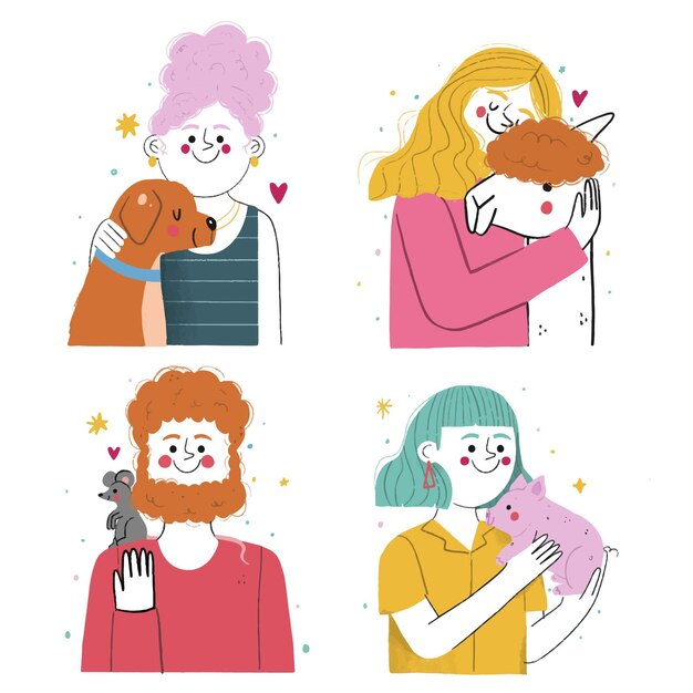 Persone disegnate a mano con animali domestici