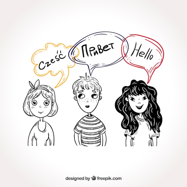 Hand drawn people with speech bubbles in different languages