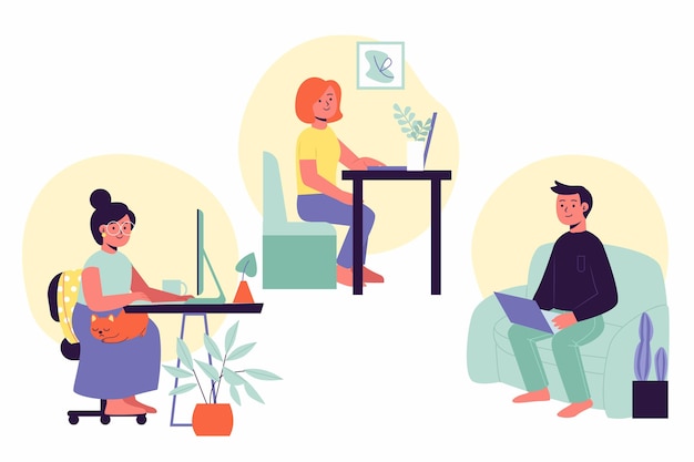 Free vector hand drawn people working from home set