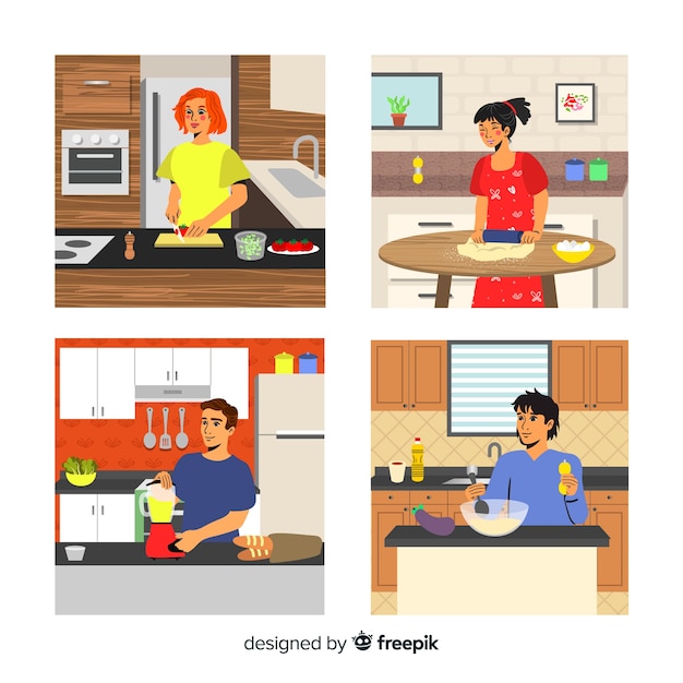 Hand drawn person cooking collection