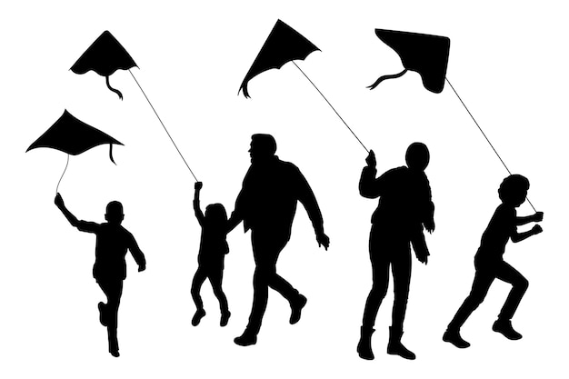 Hand drawn  person flying kite silhouette