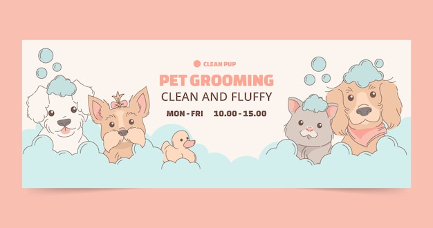 Free vector hand drawn pet grooming facebook cover design