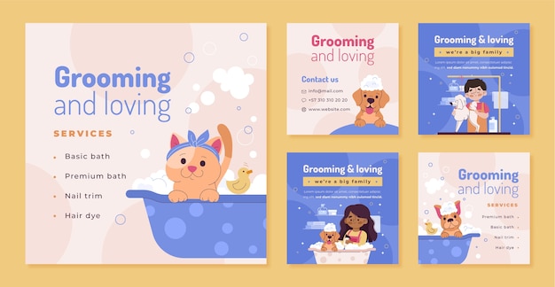 Free vector hand drawn pet grooming instagram posts