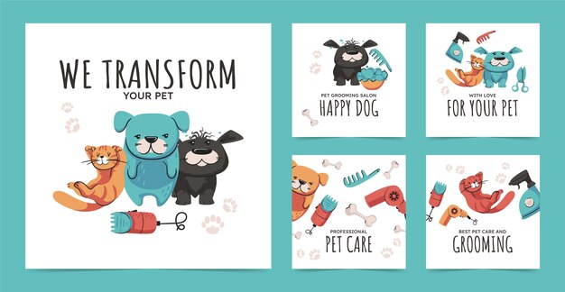 Free vector hand drawn pet grooming instagram posts