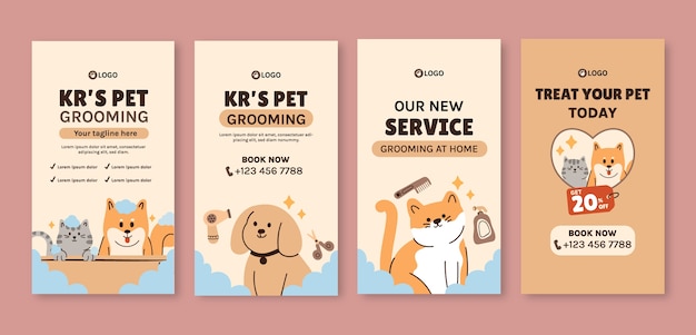 Free vector hand drawn pet grooming  instagram stories