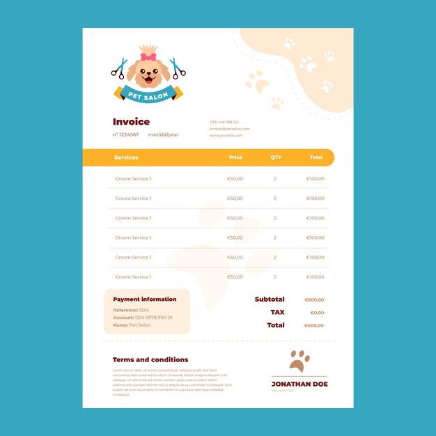 Hand drawn pet grooming invoice  design