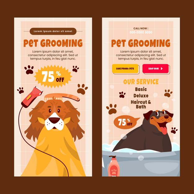 Hand drawn pet grooming vertical banners