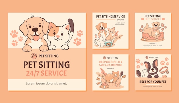 Free vector hand drawn pet sitting instagram posts